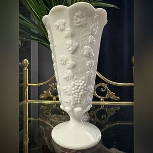 Vintage Westmoreland White Milk Glass Paneled Grape Pedestal Vase